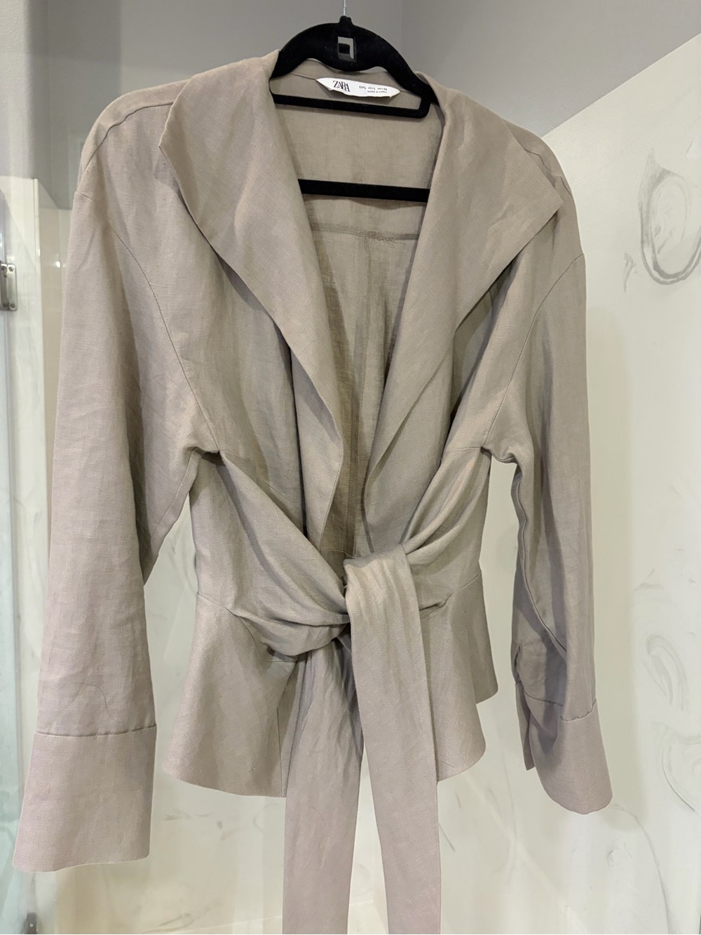 Zara Women's Light Taupe Linen Tie-Waist Blazer